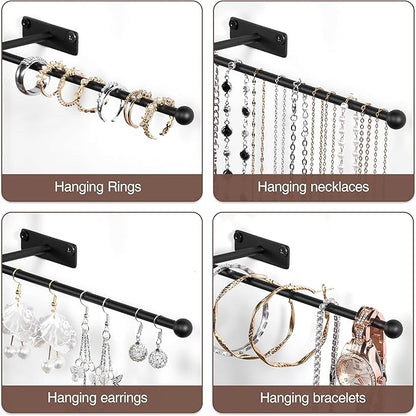 Wall Hanging Jewelry Organizer: 12.6'' Necklace Holder for Earring, Bracelet, Rings, Hairband, Glasses, Black 2-Pack, Screws Included