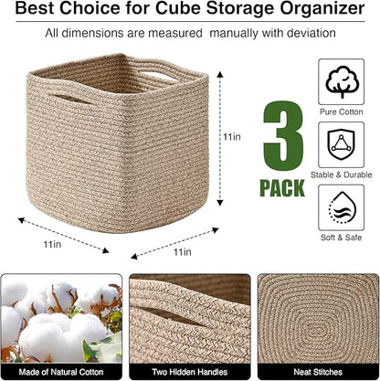 ICERZCZ 11 Inch Cube Storage Bins, Storage Cube Organizer Bins, Woven Cotton Rope Baskets for Storage, Storage Basket for Organizing Shelves, Square Baskets for Toys Nursery, Brown (Pack of 3)