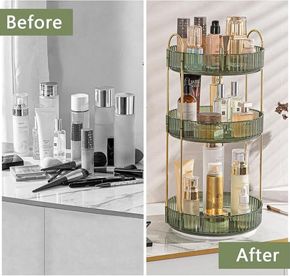 shuang qing Rotating Makeup Organizer for Vanity, High-Capacity Skincare Clear Make Up Storage Perfume Organizers Cosmetic Dresser Organizer Countertop 360 Spinning (Green, 3 Tier)