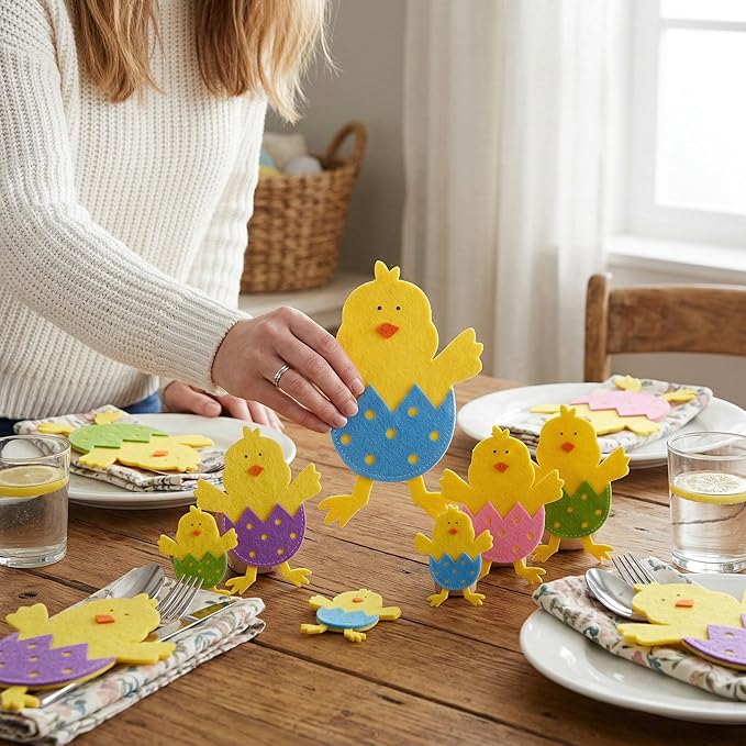 12 Pcs Easter Chick Cutlery Holders, Felt Easter Tableware Pouches in 4 Assorted Colors, Cute Chick Eggshell Silverware Pockets for Party Table Decorations, Kitchen Dining & DIY Craft