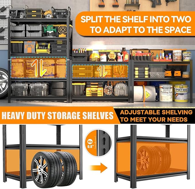 78''H Garage Shelving 5 Tier Wood Storage Shelves 2500 LBS Load Capacity Adjustabl Shelf Units 78" H*36" W*14" D Metal Shelving Suitable for Basement Warehouse Pantry,Black