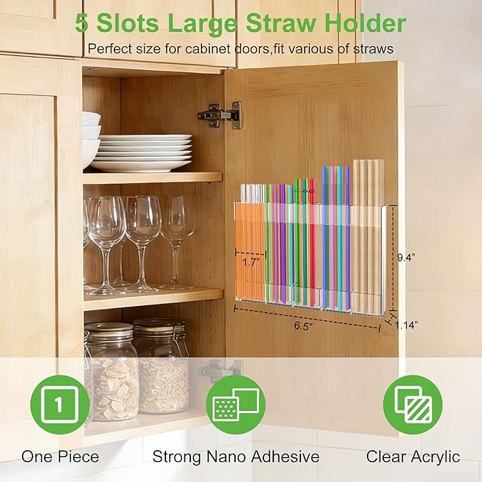 9.4” Large Acrylic Straw Holder for Cabinet Door, Reusable Straws Organizer Storage with Ultra Sticky Adhesive & Name Labels, Space-Saving Straw Storage Dispenser for Kitchen Counter Cupboard