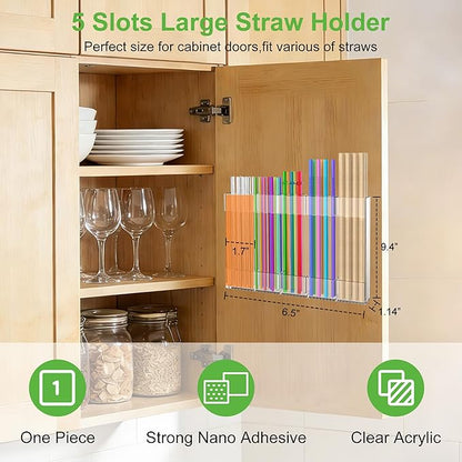 9.4” Large Acrylic Straw Holder for Cabinet Door, Reusable Straws Organizer Storage with Ultra Sticky Adhesive & Name Labels, Space-Saving Straw Storage Dispenser for Kitchen Counter Cupboard
