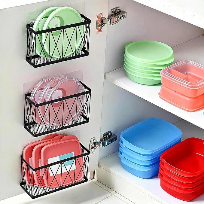 Rise age Tupperware Organizer for Cabinet, Adhesive Cabinet Door Organizer Wall Mounted Lid Organizer No Drill Kitchen Cabinet Organizers Storage for Slim Space 3 Pcs Black Stainless Steel