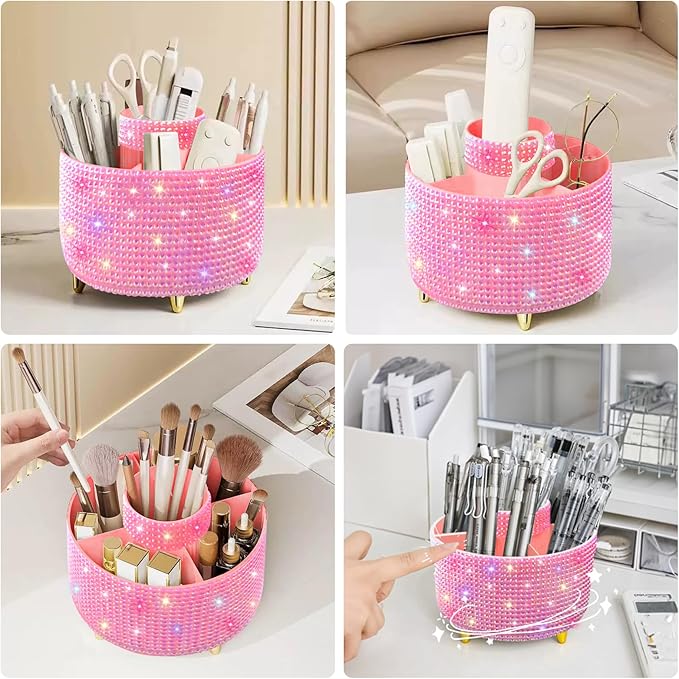Diesisa Bling Makeup Organizer: 360°Rotating Bling Rhinestone Cosmetic Display Cases -Diamond Makeup Brush Holder - 5 Slot Cup for Cosmetics - Bling Lipstick Organizer - Gift for Women - Diamond Pink