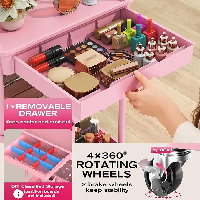 Goovilla Rolling Makeup Organizer Cart with Removable Drawer, 4 Tier Stable Pink Floor Skincare Storage Cart for Vanity, Cosmetic Display, Nail Polish, Perfume, Hair Stuff, Beauty, Bathroom(Plastic)