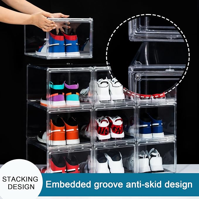 12 Pack Shoe Boxes, Clear Acrylic Stackable Plastic Sneaker Box Container, Magnetic Drop & Side Open Shoe Organizer Case Container With Lids Fits Up to Size 14 (Clear)