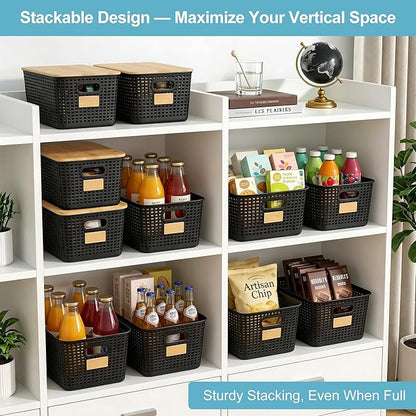 Bagnizer 2 Pack Tall Plastic Storage Bins with Bamboo Lids, 10.8qt Stackable Storages Baskets for Organizing Desktop Closet Playroom Classroom Office, 12"L x 8.3"W x 6.1"H, Black