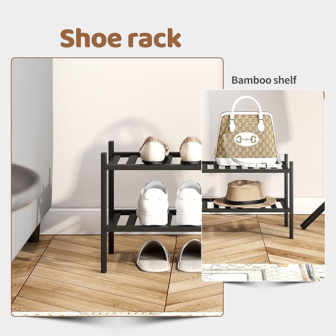 Bamboo Shoe Rack Stackable Shoe Shelf Storage Organizer for Unit Entryway Hallway and Closet Sturdy Freestanding Shoe Shelf(2 Tier Black)