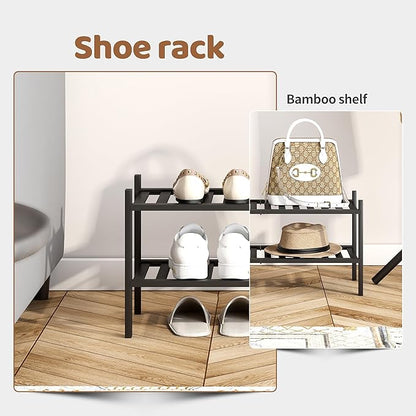 Bamboo Shoe Rack Stackable Shoe Shelf Storage Organizer for Unit Entryway Hallway and Closet Sturdy Freestanding Shoe Shelf(2 Tier Black)