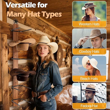 Cowboy Hat Holder Rack Organizer: 6 Hats Cowboy Hat Holder for Wall Mount, Detachable Wooden Western Metal Rustic Hat Hanger Storage, Hat Rack for Cowgirl Hat, Fedora, Sun Hats