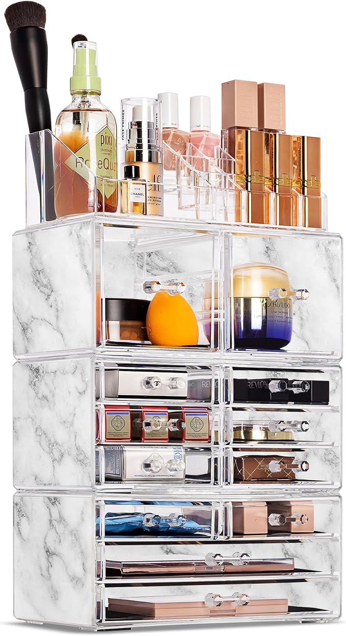 Sorbus Large Makeup Organizer - Clear Stackable Jewelry & Makeup Organizer For Vanity, Bathroom Storage, Dresser - 12 Drawers Cosmetic Beauty Organizers and Storage with Lipstick, Makeup Brush Holder