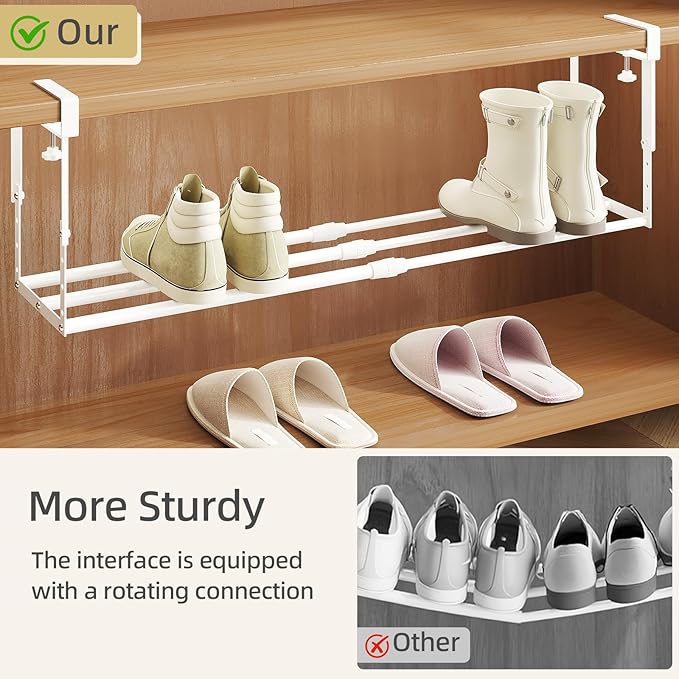 Expandable Shoe Rack Organizer for Cabinet, Adjustable Hanging Under Shelf Storage, Sturdy Round Tube Design, Space Saving Shoe Shelf for Closet, Entryway, Laundry Room, White