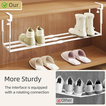 Expandable Shoe Rack Organizer for Cabinet, Adjustable Hanging Under Shelf Storage, Sturdy Round Tube Design, Space Saving Shoe Shelf for Closet, Entryway, Laundry Room, White