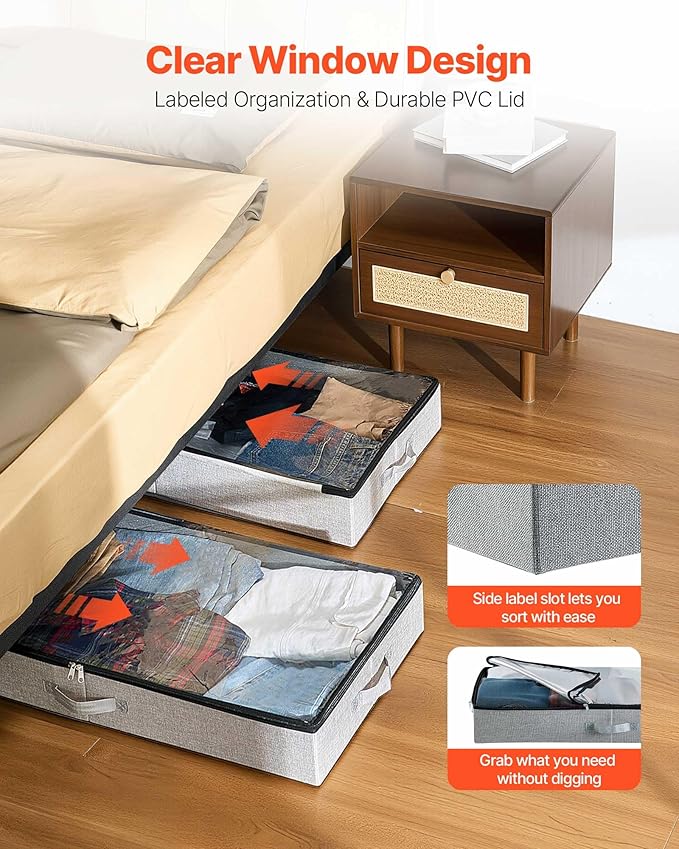VEVOR Under Bed Storage with Clear Lids, 33.5 x 16.9 x 4.7 Inch, 45L Large Underbed Clothes Storage Containers, Low Profile Under Bed Drawer Shoe Organizer Bins Box for Blanket Shoe Bedroom, 2 Pack