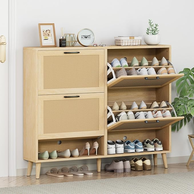 Gadroad Shoe Storage Cabinet with 4 Flip Drawers, Freestanding Shoe Organizer with Wood Legs, Farmhouse Rattan Shoe Rack for Entryway, Living Room, and Bedroom, Natural