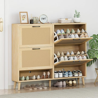 Gadroad Shoe Storage Cabinet with 4 Flip Drawers, Freestanding Shoe Organizer with Wood Legs, Farmhouse Rattan Shoe Rack for Entryway, Living Room, and Bedroom, Natural