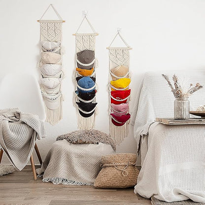 jontell Cap Holder-3 Pack-Hat Organizer for 30 Baseball Caps, Macrame Hat Rack for Wall, Cap Rack for Decoration and Display, Boho Handmade Cap Hanger Over Door Organizer