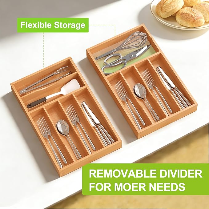 Unibambou Bamboo Utensil Drawer Organizer with Removable Dividers, Kitchen Organizer for Flatware Cutlery, Silverware Tray for Drawer (6/5 Flexible Slots, Natural)