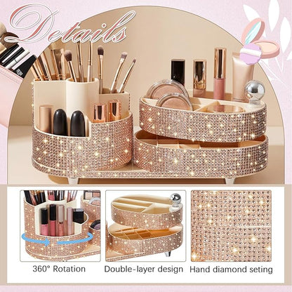 Teen Girls Mother's Day 360 Rotating Bling Makeup Organizer Gift Rhinestone Diamond Bathroom Organizer Girly Skin Care Brush Holder for Countertop, Bathroom Essentials(Champagne,Rhinestone)