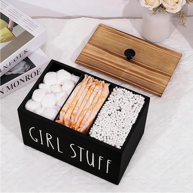 Tampon Holder for Bathroom Decor Feminine Product Organizer with Lid Movable Partition Storage Container Feminine Product Wood Tampon Dispenser Bathroom Accessories Box for Girl Stuff (Black)