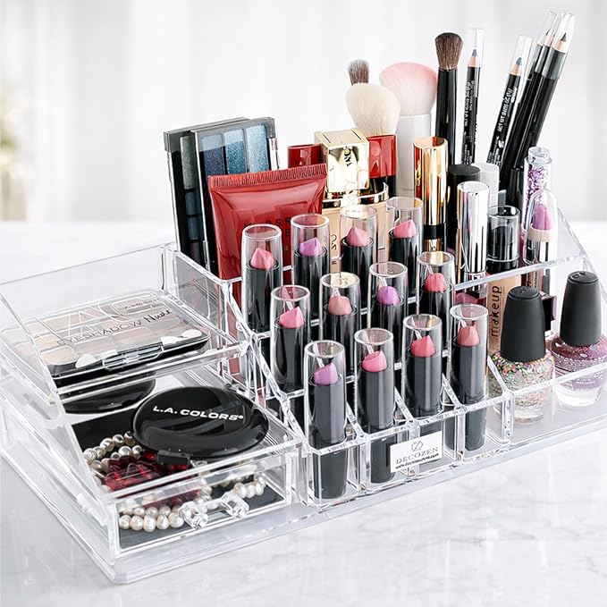 Decozen Makeup Organizer - Vanity Storage with Multiple Compartments and Drawers for Brushes, Lipsticks, Jewelry, Perfect for makeup organizer countertop, makeup holders and organizers, Gift for Mom