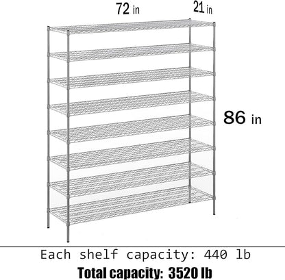 21" Deep x 72" Wide x 86" Height Wire Shelving Kit | 8-Tier | NSF Commercial Storage Rack Unit