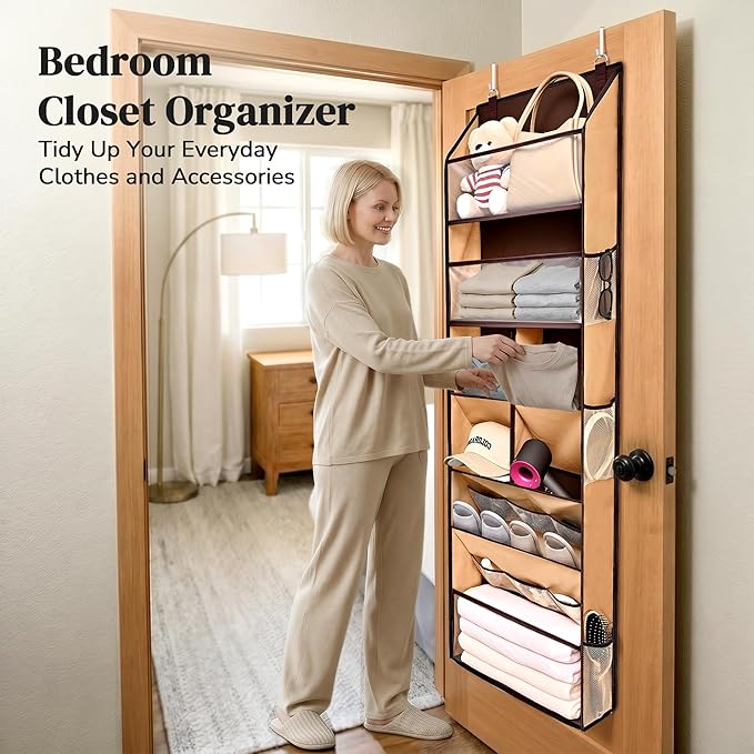 6-in-1 Over Door Hanging Organizer, Versatile Storage Over Door Organizer with 12 Mesh Pockets, 44 lbs Weight Capacity Hanging Storage Organizer for Bedroom, Bathroom,Behind Door,Brown