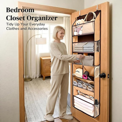 6-in-1 Over Door Hanging Organizer, Versatile Storage Over Door Organizer with 12 Mesh Pockets, 44 lbs Weight Capacity Hanging Storage Organizer for Bedroom, Bathroom,Behind Door,Brown