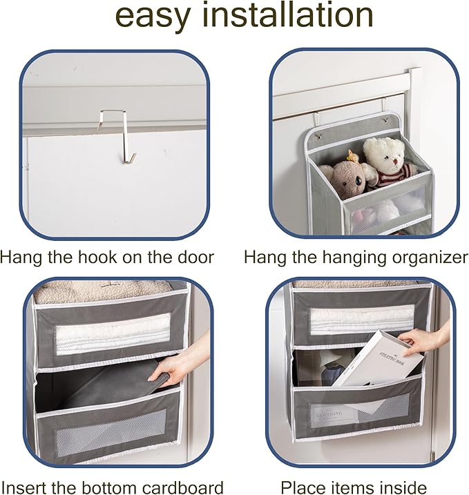 Over The Door Storage Organizer - 5 Shelf Hanging Organizer with 10 Side Pockets, 48 lbs Load Capacity (Anti-Tilt, Clear Windows & Hooks) for Bathroom, Bedroom, Kitchen,Nursery (Grey, 1 Pack)