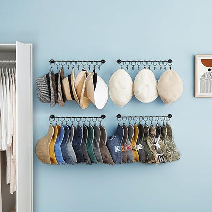 Hat Rack Wall Cap Organizer - Baseball Hat Racks Display Holder with 40 Hooks - Modern Metal Black Hats Storage Wall Mounted Caps Hanger Set of 4 for Closet Door Bedroom Entryway Laundry(Black)
