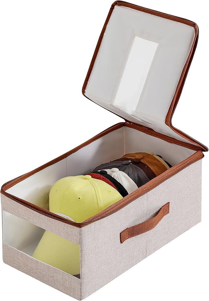 Stackable Hat Organizer for Baseball Caps, Hat Storage Holder Container for Closet Hold Up to 12 Caps with Clear Window, Hat Boxes for Home Storage (Beige, 1 Pack)