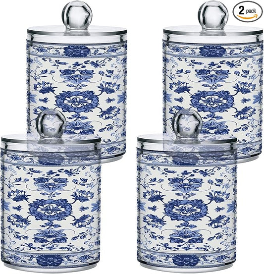 Milk Cow Qtip Holder with Lid 2PCS Apothecary Jars Storage Containers, Clear Plastic Canister for Cotton Swab,Floss Picks, Cosmetics (Porcelain Floral Pattern, one sizex4)