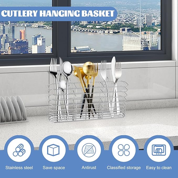 Stainless Steel Cutlery Hanging Basket for Knife Fork Spoon, Quick Drying Compartmental Utensil Drainage Rack, Rustproof Hollow Out Utensil Drying Basket for Kitchen