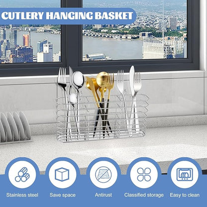 Stainless Steel Cutlery Hanging Basket for Knife Fork Spoon, Quick Drying Compartmental Utensil Drainage Rack, Rustproof Hollow Out Utensil Drying Basket for Kitchen