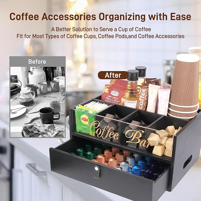 2-Tier Coffee Bar Organizer with Clear Acrylic Top, Built-in Drawer and Leather Handle Pull for Countertop, Stylish Coffee Station Storage Box for Accessories, Pods, Great Gifts for Home