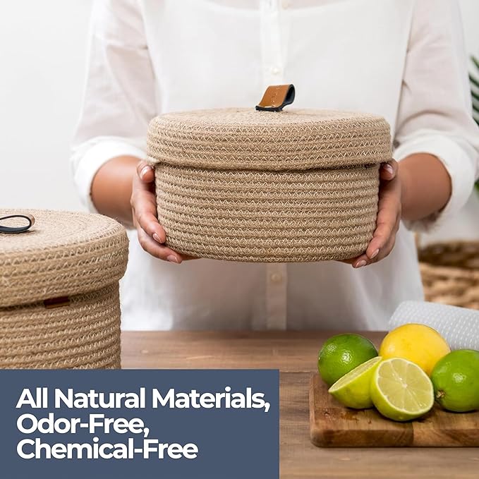 DENJA & CO Set of 2 Decorative Storage Baskets with Lids - Round Woven Baskets for Home Decor and Organizing - Small Shelf Baskets with Leather Tabs and Handles - Decorative Storage and Organizer Bins