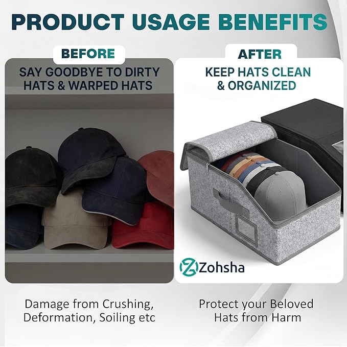 2-Pack Hat Organizer Boxes – Holds Up to 24 Caps, 1 Grey + 1 Black, Stackable Baseball Cap Storage, Breathable Fabric, Clear Window Lid, Foldable & Dustproof Hat Rack for Closet or Shelf