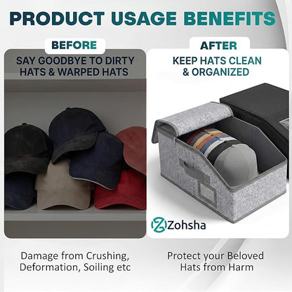 2-Pack Hat Organizer Boxes – Holds Up to 24 Caps, 1 Grey + 1 Black, Stackable Baseball Cap Storage, Breathable Fabric, Clear Window Lid, Foldable & Dustproof Hat Rack for Closet or Shelf