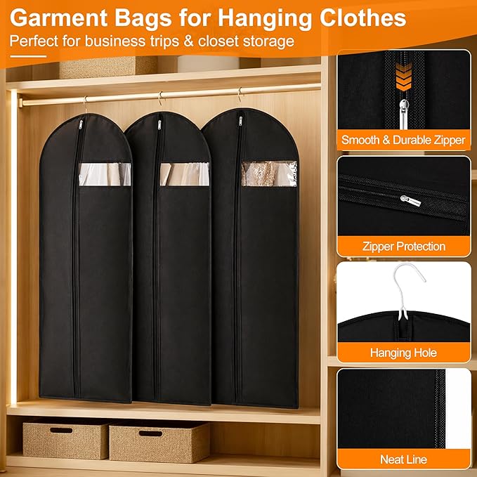 Garment Bags for Travel & Hanging Clothes, 55" Suit Bag for Closet Storage, Lightweight Dress Bags for Gowns Long, Dustproof Garment Covers with Clear Window & Reinforced Zipper, Black (1 Pack)