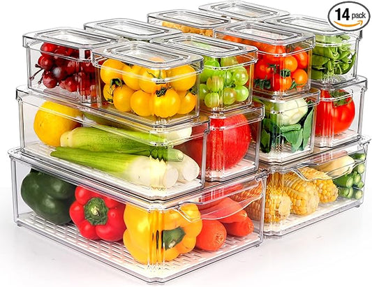 ZIJUND 14 Pack Fridge Organizer, Stackable Refrigerator Organizer Bins with Lids, BPA-Free Fridge Organizers and Storage Containers for Fruit, Vegetable, Food, Drinks, Cereals, Clear