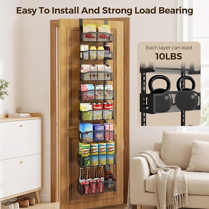 Delamu 8 Tier Over the Door Pantry Organizer, 2in1 Hanging or Wall Mount Spice Rack Seasoning, Adjustable Heavy-Duty Narrow Pantry Door Organizer and Storage for Kitchen Cabinet and Bathroom,12" Black