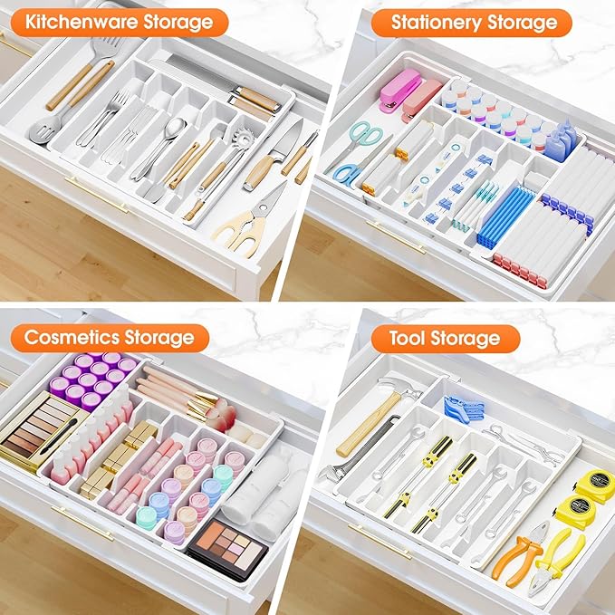 SpaceHacks Silverware Organizer，Adjustable & Expandable Utensil Drawer Organizer, BPA Free Utensil Holder, Cutlery Tray for Forks, Spoons, Knives in Kitchen, Large, White