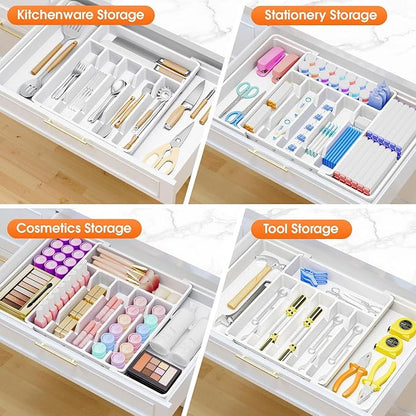 SpaceHacks Silverware Organizer，Adjustable & Expandable Utensil Drawer Organizer, BPA Free Utensil Holder, Cutlery Tray for Forks, Spoons, Knives in Kitchen, Large, White