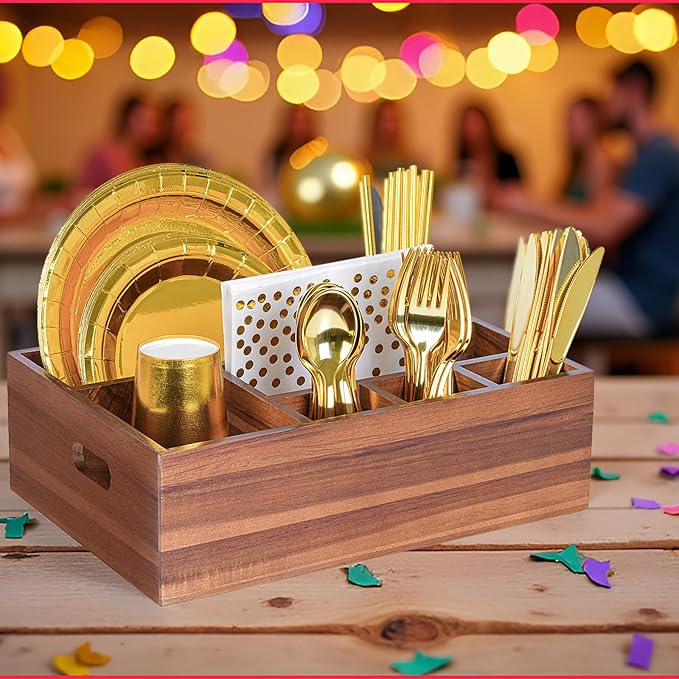 Eleckey Acacia Wood Utensil Holder Organizer for Party，Paper Plate Dispenser for Kitchen Counter