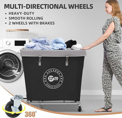 STORAGE MANIAC Commercial Laundry Hamper with Heavy Duty Steel Frame, 320 L Industrial Laundry Basket Cart with Wheels for Hotel, Home, Laundry Room, 31.7''L x 19.3''W x 30.91''H, Large Black