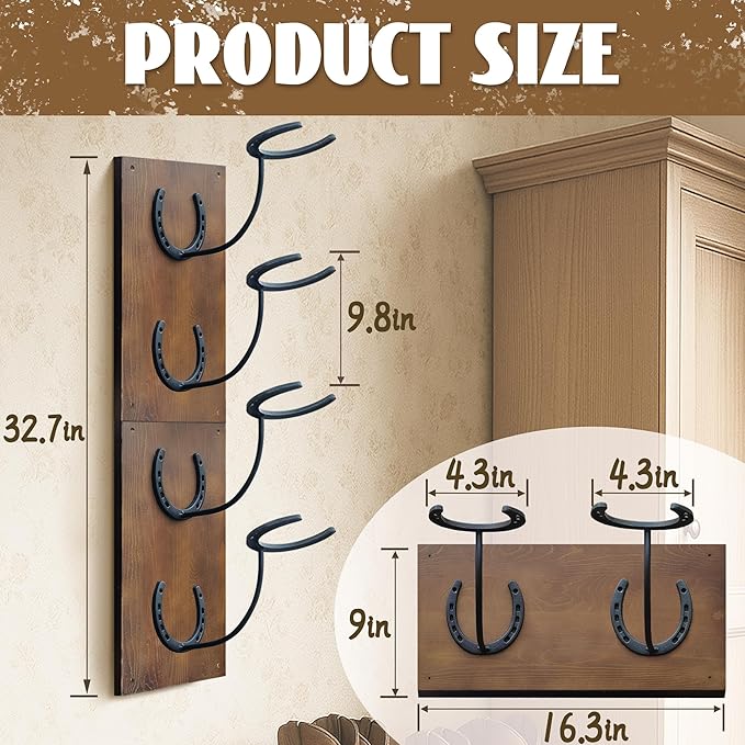 Montex Cowboy Hat Rack for Wall, Wooden Cowboy Hat Holder 4 Hats, Hanging Western Hat Rack, Hat Organizer with Horseshoe Mounts Western, Dark Brown