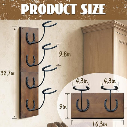 Montex Cowboy Hat Rack for Wall, Wooden Cowboy Hat Holder 4 Hats, Hanging Western Hat Rack, Hat Organizer with Horseshoe Mounts Western, Dark Brown