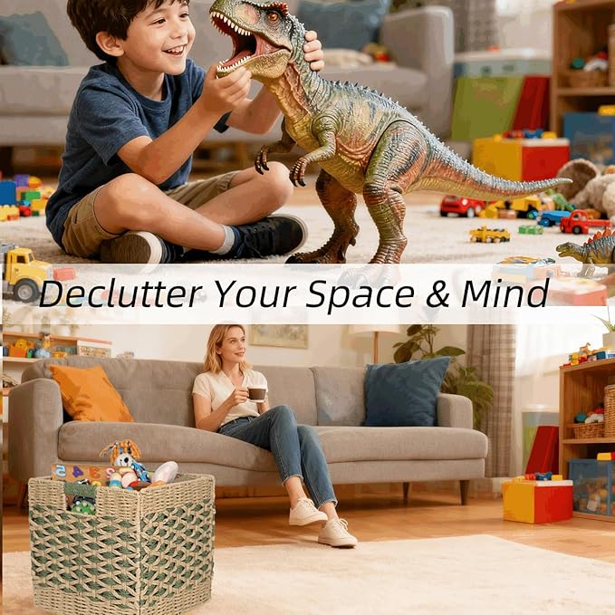 12x12 Cube Storage Bins 4-Pack - Foldable Paper Rope Organizer Baskets for 13-Inch Shelves, Heavy Duty 15-Lb Capacity for Nursery Toys & Closet