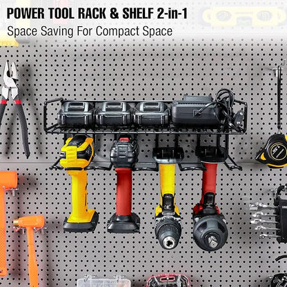 UNITEDPOWER Wall Mounted Power Tool Organizer Holder, Heavy Duty Utility Storage Rack With Shelf for Battery Powered Hand Tools, Workshop, Shed, Garage, Home